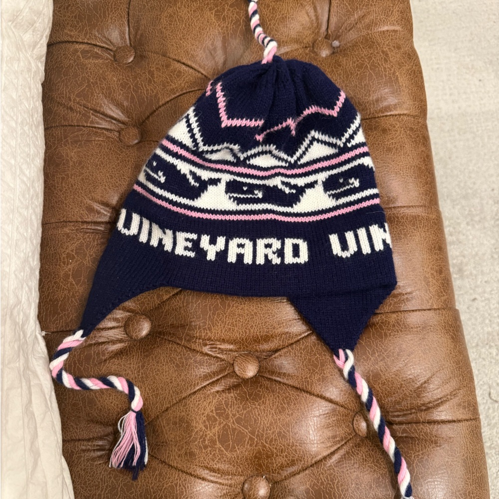 Navy and Pink Knit Beanie with Ear Flaps